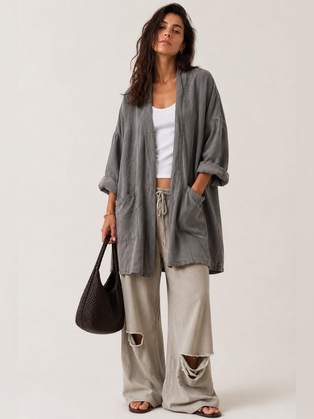 Zara 100% Linen Oversized Grey Open Front Kimono Cardigan XS/S